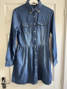 Embroidered Collar Denim Cotton Shirt Dress With Gold Topped Collar – Size 10 - Picture 1 of 9