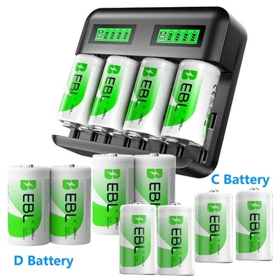 EBL C D Size Batteries Rechargeable ，Optional LCD Charger for C &D cell Battery - Image 1 of 4