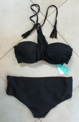 Seafolly Bikini Black Wrap Front Bandeau Top 14 & Milea Nero High Waist Pant 16 - Imagem 1 de 4