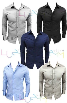 CAMICIA UOMO SLIM SARTORIALE MANICA LUNGA COTONE CELESTE BIANCA NERA S M L XL - Immagine 1 di 2
