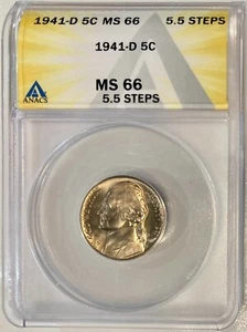 1941-D Jefferson Nickel, ANACS MS-66 5.5 Steps - Picture 1 of 2