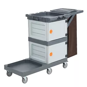 Commercial Janitorial Cart with 2 Cabinets Black Housekeeping Caddy & Vinyl Bag - Picture 1 of 7