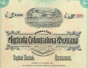 MEXICO C/2 🇲🇽 CIA AGRICOLA COLONIZADORA MEXICANA acción $100 pesos Plata 1897 - Picture 1 of 2
