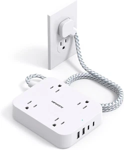 Flat Plug Extension Cord, 5Ft Power Strip with 4 USB Ports(2 USB C), 4 Widely Ou - Picture 1 of 12