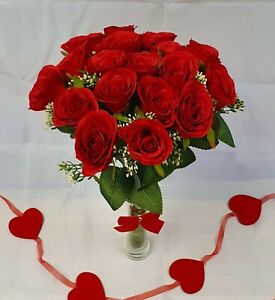 Artificial Flowers Plants Red Rose Bouquet Silk Wedding Valentines Fern Foliage