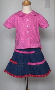 HANNA ANDERSSON 2PC DENIM SKIRT PINK POLKADOT BLOUSE HEART BUTTONS COTTON 100 4 - Picture 1 of 6