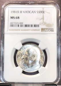 1981 VATICAN SILVER 500 LIRE POPE JOHN PAUL II NGC MS 68 SCARCE TOP POP - Picture 1 of 3