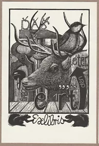 Exlibris - CHRISTA JAHR - For "Unknown" - Signed Verso - X2-Deer, Bird and Tools - Imagen 1 de 1