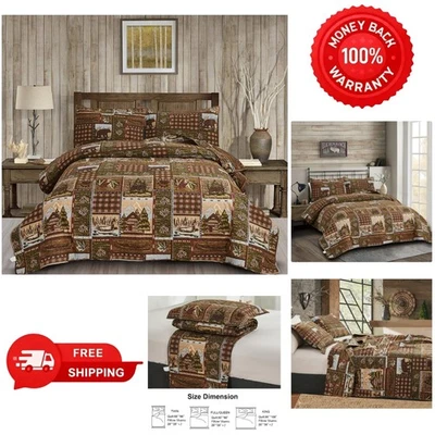Rustic Woodland Quilt Set with Bears - Full/Queen Covers and Shams Included - Image 1 of 4