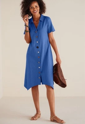 Soft Surroundings Danielle Button Dress Size Petite Medium Blue Cotton Artsy - Image 1 of 4