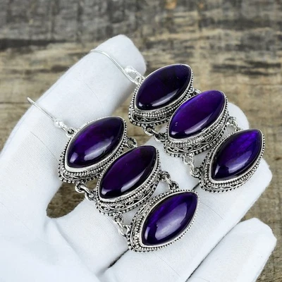 Purple Labradorite Triple Drop Earring 925 Sterling Silver Handmade Jewelry - Image 1 of 4