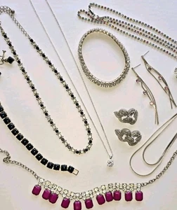 Vintage High End Silver tone Prong Set Rhinestone & Glass Jewelry Lot  - Picture 1 of 10