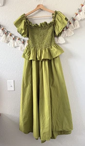 Toccin Flouched Green Smocked Ruffle Midi Dress Cotton Poplin Coquette Feminine - Picture 1 of 10