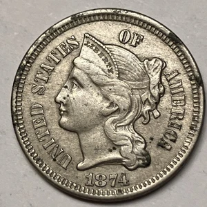 1874 Nickel 3-Cent Piece. Nickel Three-Cent. Type Coin. Nice Coin! - Picture 1 of 2