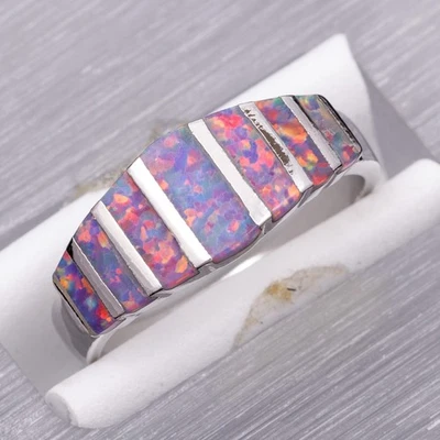 Lavender Purple Fire Opal Silver Jewelry Women Wedding Band Ring Size 7 - Image 1 of 4