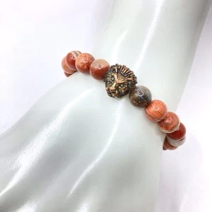 Lion Head Royal Bracelet Sz 6.5 Elastic Stretch Red Jasper 8mm Beads Leo Artisan - Picture 1 of 8