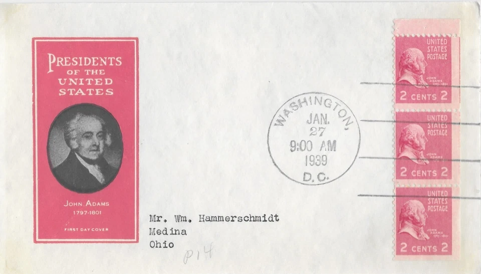 1939 Prexie FDC, #806b, 2c John Adams, Ioor - 1/2 of booklet pane - Image 1 of 1