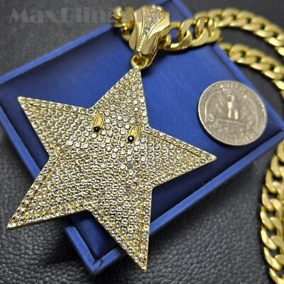 Colgante grande de circonita cúbica con estrella Mario y collar de cadena cubana de 10 mm joyería Foto 1 de 3
