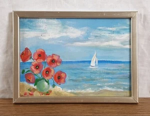 Pintura al óleo junto al mar con amapolas, velero y flores silvestres, arte costero vintage - Imagen 1 de 6