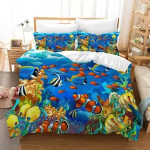 3D Blue Seabed Ocean Fish Quilt Cover Set Duvet Cover Bedding Pillowcases - Picture 1 of 5