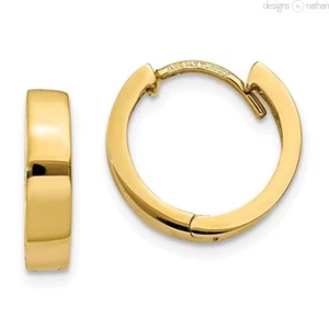 Real 14K Yellow Gold Flat Solid Snug Tiny Hinged Huggie Hoop Earrings 3 x 12 mm - Picture 1 of 9