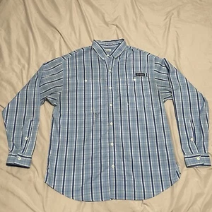 Columbia PFG Super Crystal Springs Shirt Blue Plaid Men Large Button Up Roll Tab - Picture 1 of 16