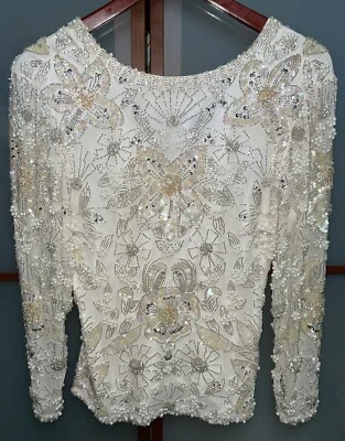 Blusa Hecha a Mano Vintage Floral Seda Adornada Perla Cuentas Lentejuelas Iridiscentes Foto 1 de 4