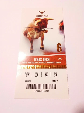 2019 Texas Longhorns Texas Tech Football Full Ticket Stub Cover