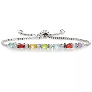 Solid 925 Sterling Silver Rainbow Cubic Zirconia Tennis Bracelet Adjustable - Picture 1 of 8