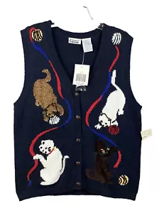 VTG Cats and Yarn Hand Embroidered Vest Womens Petite Large NWT Capacity Brand - Picture 1 of 7