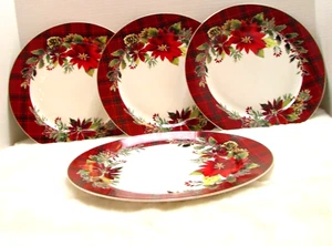 Grace Fine Porcelain Holiday Poinsettia Holly Plaid Dinner PLATES Set/4 - Picture 1 of 4
