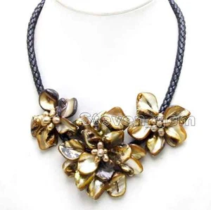 Große braune Barock Muschel Blume & Perle Anhänger schwarzes Seil 18" Halskette-nec6332 - Bild 1 von 5