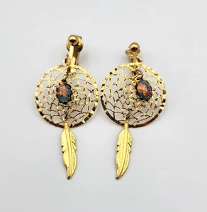 Dreamcatcher Feather Gold Tone Clip on Earrings Dangle Drop Faux Stone Light - Picture 1 of 8