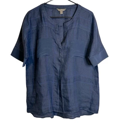 Blusa Tommy Bahama Azul Marino A Cuadros Manga Corta Lino Algodón Seda Mediana Playa Foto 1 de 4
