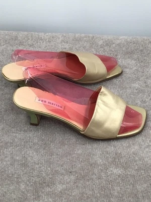 Ann Marino Womens Gold Leather Curved Heels Open Toe Slides Sandals Slip On 8M - Image 1 of 4