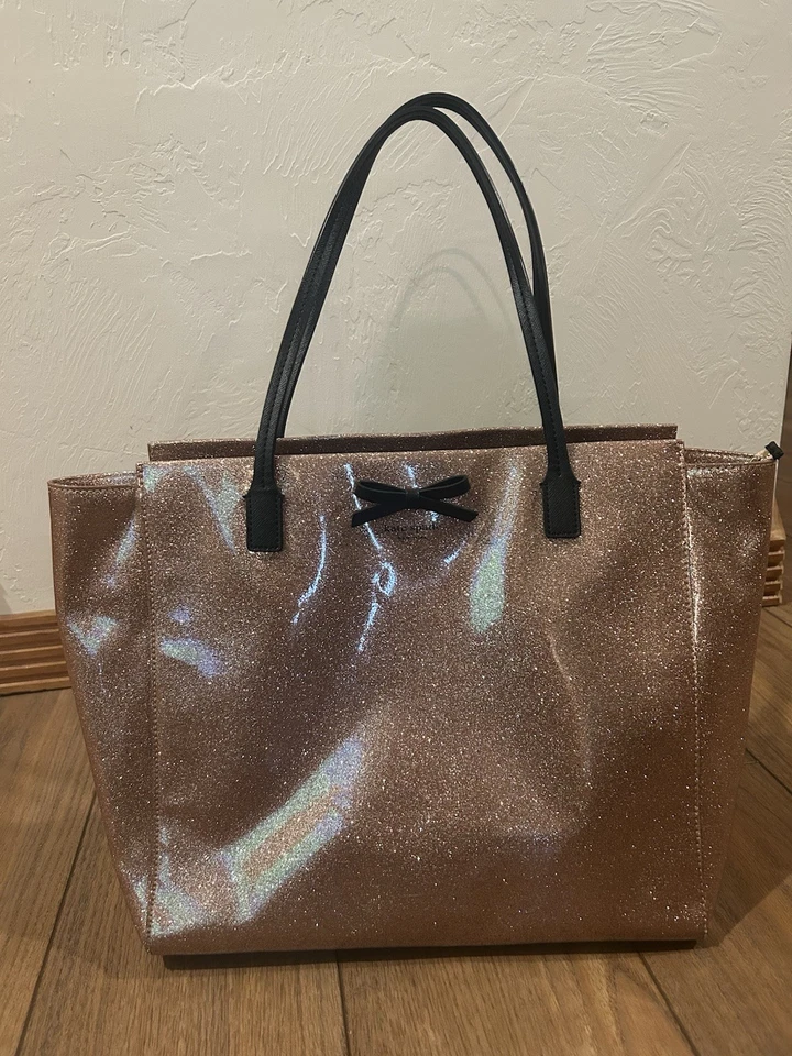 Kate Spade Mavis Street Rose Gold Glitter Tote Shoulder Bag Large Zip Purse Pink - Image 1 of 4