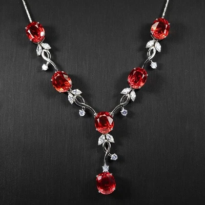 Elegant Sunset Orange Sapphire 39.20Ct 925 Sterling Silver White Gold Necklaces - Image 1 of 4