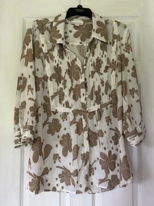 Coldwater Creek Womens Blouse Top Size XL Tan Floral On White Button 3/4 Sleeve - Picture 1 of 9