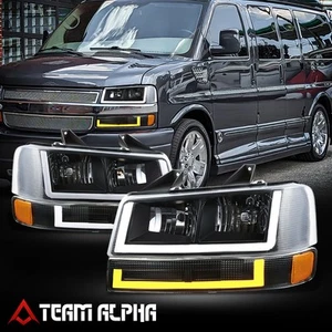 Fits 2003-2023 Express/Savana Switchback U-Style LED DRL Headlights Black/Amber - Picture 1 of 6