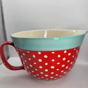 Pioneer Woman Batter Mixing Bowl Turquoise/Red Polka Dot Stoneware 2.83 QT Spout - Picture 1 of 9