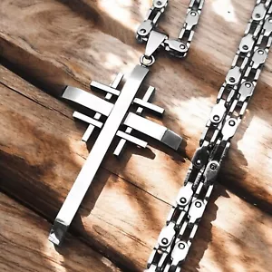 Industrial Cross Necklace Mens Silver 316L Stainless Steel Gothic Biker Pendant - Picture 1 of 7