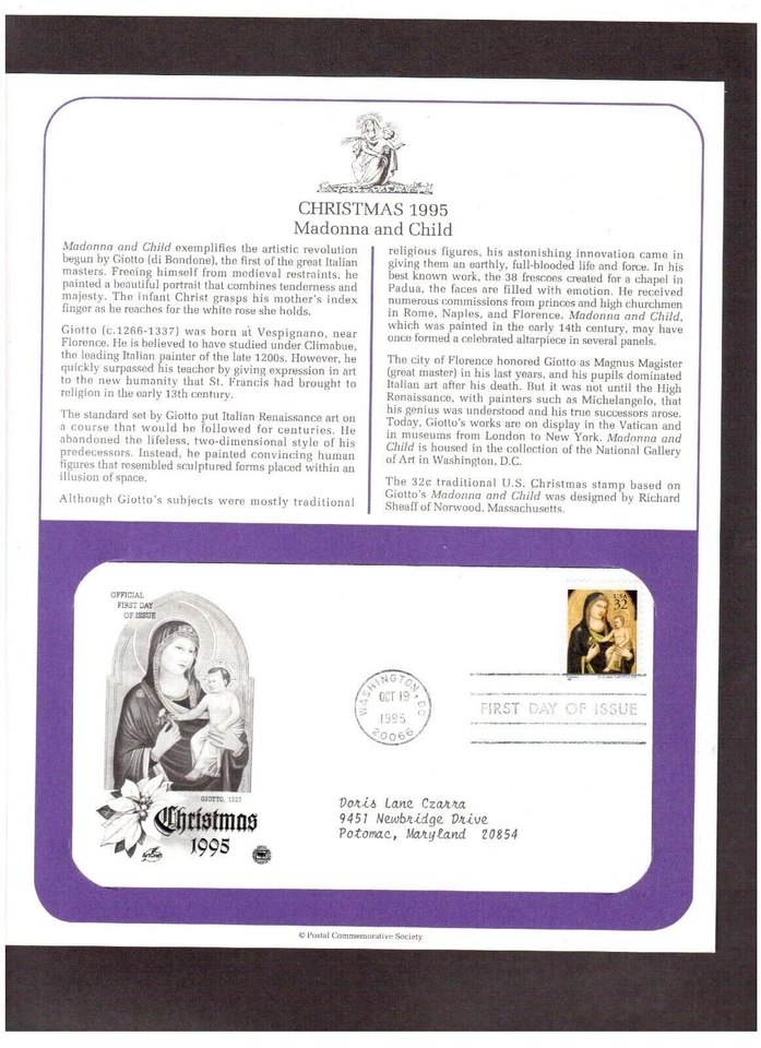 Postal Society First Day FDC stamp # 3003 32 cent Christmas Giotto Madonna 1995 - Image 1 of 1