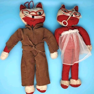 LOT OF 2: Vintage 1960s Red Corduroy Plush Cats 17" Glasses Knickerbocker? - Picture 1 of 15