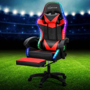 Artiss 6 Point Massage Gaming Office Chair 7 LED Footrest Red - Picture 1 of 7