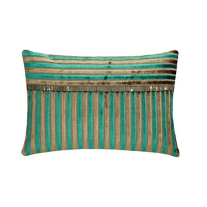 Oblong Pillow Case Blue Set of 2, Couch Decor Velvet - Turquoise Stripes - Picture 1 of 3