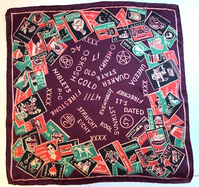 Vintage 1950s Novelty SILK Scarf Advertising LOGOS Theme Hand Rolled  SUNKIST + - Image 1 of 4