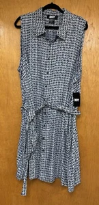 DKNY Dress Women’s 22W Denim Print Blue Sleeveless Tie Waist Button Front NWT - Picture 1 of 5