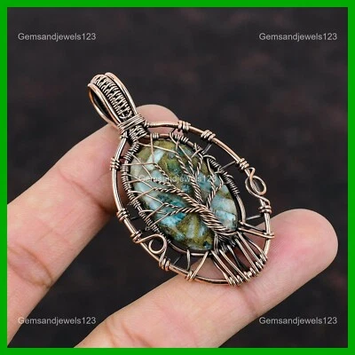 Colgante Ovalado Cobre Amazonita Piedra Preciosa Nuevo Alambre Envuelto Árbol de la Vida Esposa Cobre Foto 1 de 4