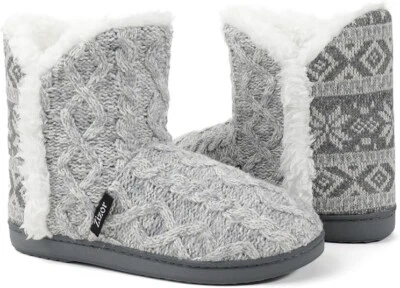 Zizor Ladies' Jenna Knit Slipper Boots - Memory Foam Fur Lined Rubber Sole UK 8