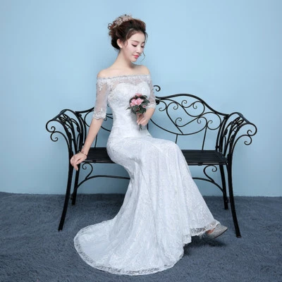 Off Shoulder Princess Ivory Wedding Dresses Mermaid Bride Robe Half Sleeve 2019 - Image 1 of 4